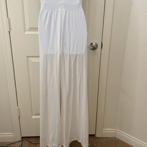 CBR White Pantsuit Jumpsuit Scoop Neck Zippered Back Flare Leg Cotton Polyester - Picture 7 of 15